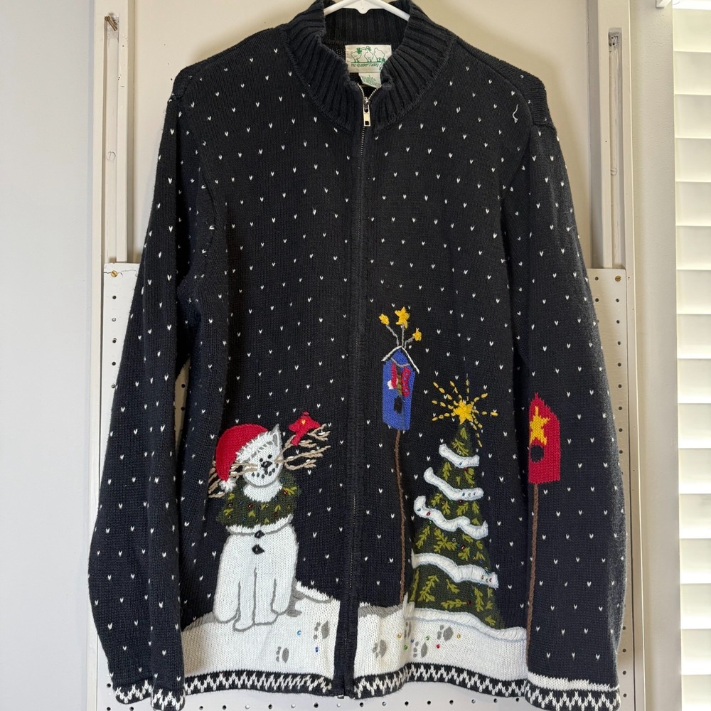 VTG Quacker Factory Cardigan Women's Large Black Knit Bead Christmas Sweater Cat